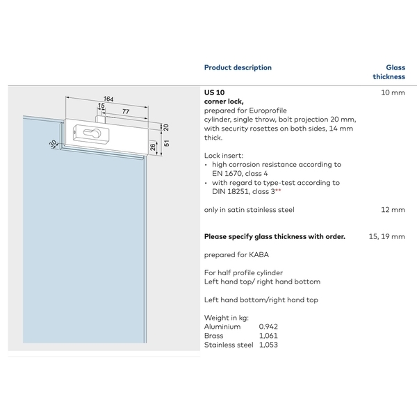 DORMAKABA US-10 玻璃門鎖 Corner Lock-美德亞有限公司