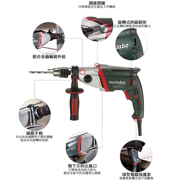 【metabo 美達寶】 德製四分兩速震動電鑽 SBE 710(插電工具)-台灣華嶠貿易股份有限公司