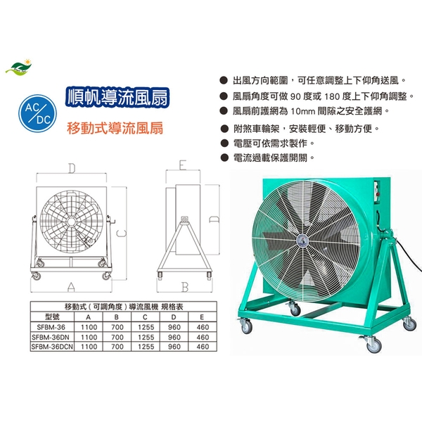 順帆AC／DC移動式／直接式-導流風扇SFBM-36DCN／原廠全新／高屏經銷商／高雄綠陽能源環保-綠陽能源環保有限公司
