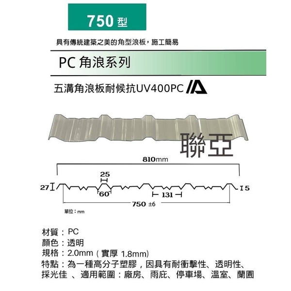 750型-PC角浪系列-聯亞五金建材行/翊宭工程
