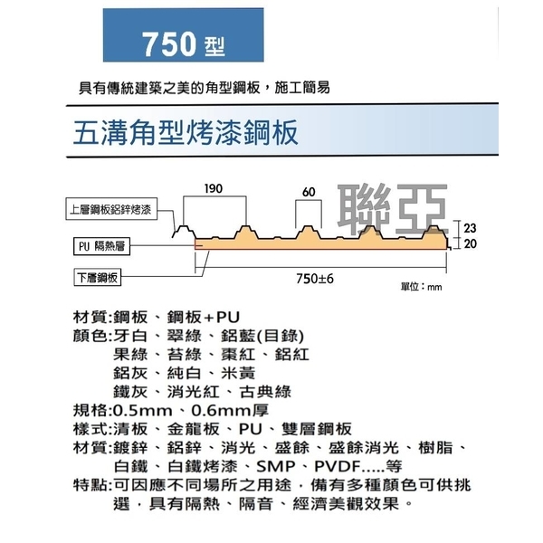 750型五溝角型烤漆鋼板-聯亞五金建材行/翊宭工程