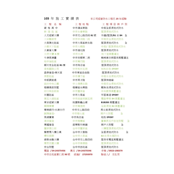 103 年 施 工 實 績 表-勇茂工程有限公司