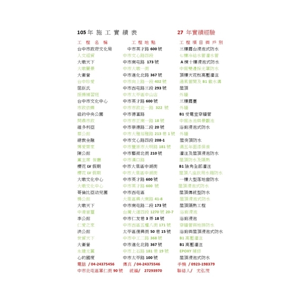 105年 施 工 實 績 表-勇茂工程有限公司
