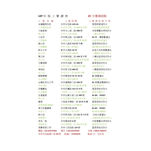 107年施工實績表-勇茂工程有限公司