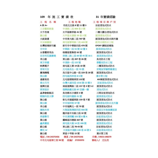 109年施工實績表-勇茂工程有限公司