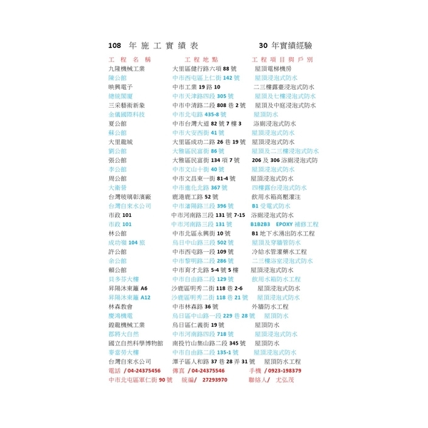 108年施工實績表-勇茂工程有限公司