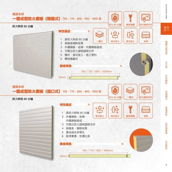 牆面系統一體成型防火鋼板（插口式）防火時效60分鐘